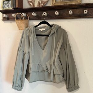 Sage Green V-Neck Ruffle Hoodie
